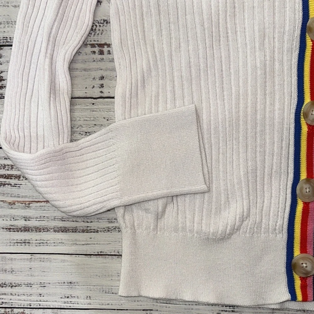 LOFT White Ribbed Cardigan with Colorful Trim Lightweight Sz. M - Picture 3 of 6